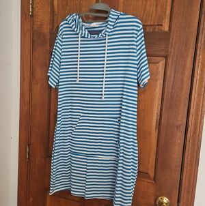 Blue and White Striped Hooded T-Shirt Dress